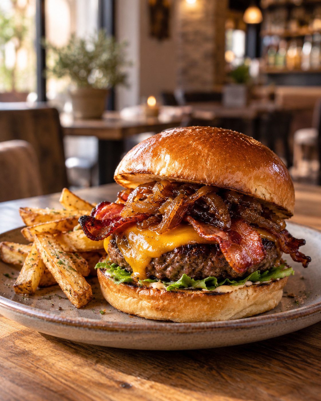 Hamburguesa con bacon, cheddar y cebolla