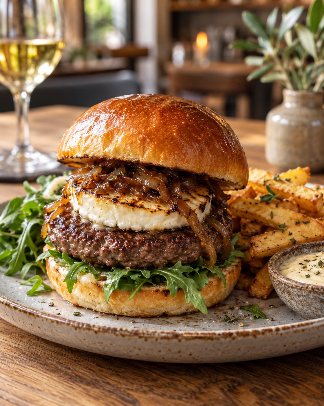 Hamburguesa con queso de cabra y cebolla caramelizada